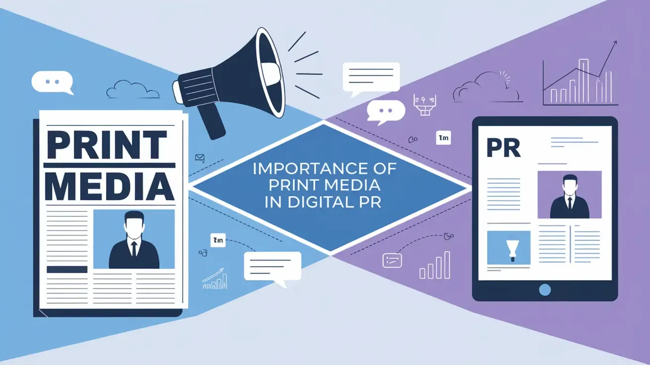 Illustrated graphic contrasting “PRINT MEDIA” and “PR” panels linked by arrows, headed about the importance of print media in digital PR.