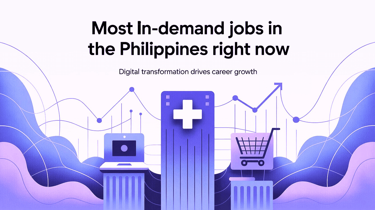 Illustrated graphic headed “Most In-demand jobs in the Philippines right now” with the subtitle “Digital transformation drives career growth” above icons of a building, shopping carts, and a cross symbol.