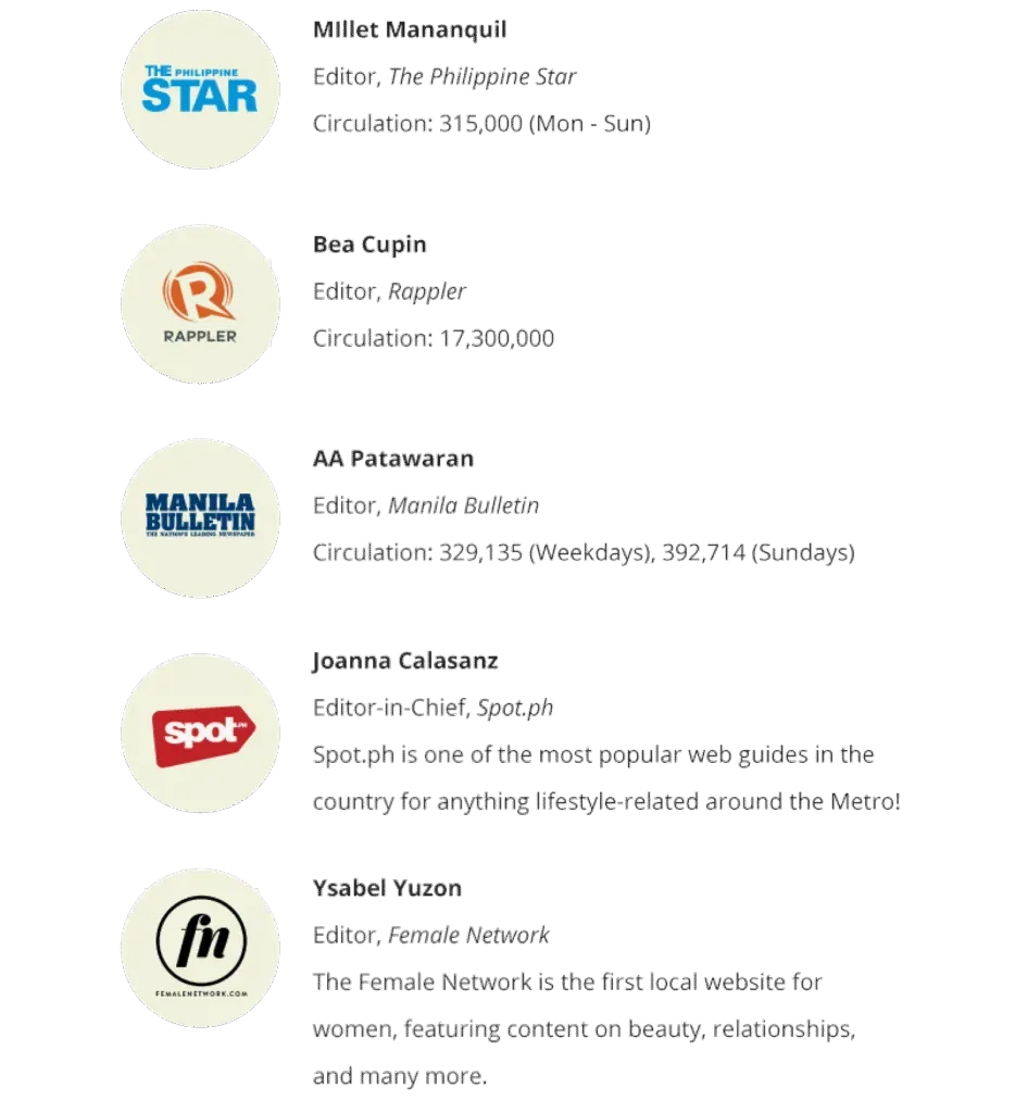 Contact-list graphic headed for lifestyle media, showing rows of editor names with their publications and circulation figures beside small avatar icons (including titles such as The Philippine Star, Rappler, Manila Bulletin, Spot.ph, and Female Network).