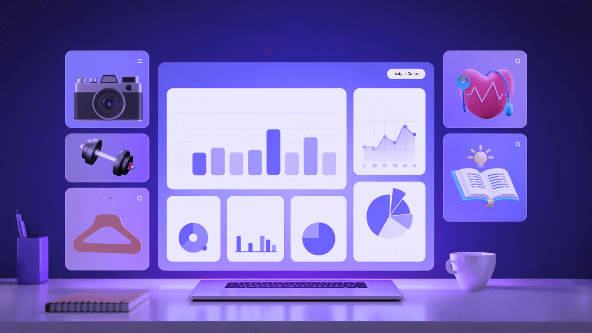A monitor showing a lifestyle-website dashboard with image cards and icons including a camera and bookmark, lit in purple.