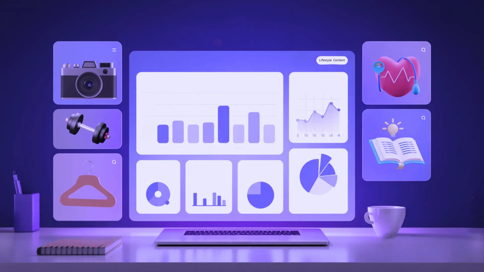 A monitor showing a lifestyle-website dashboard with image cards and icons including a camera and bookmark, lit in purple.