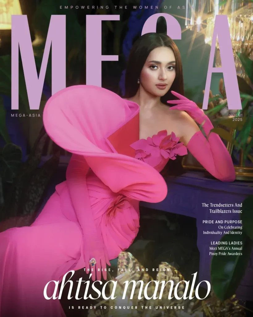 Magazine cover with the masthead “MEGA” above a person in a dramatic pink gown, with the cover name “ahtisa manalo.”