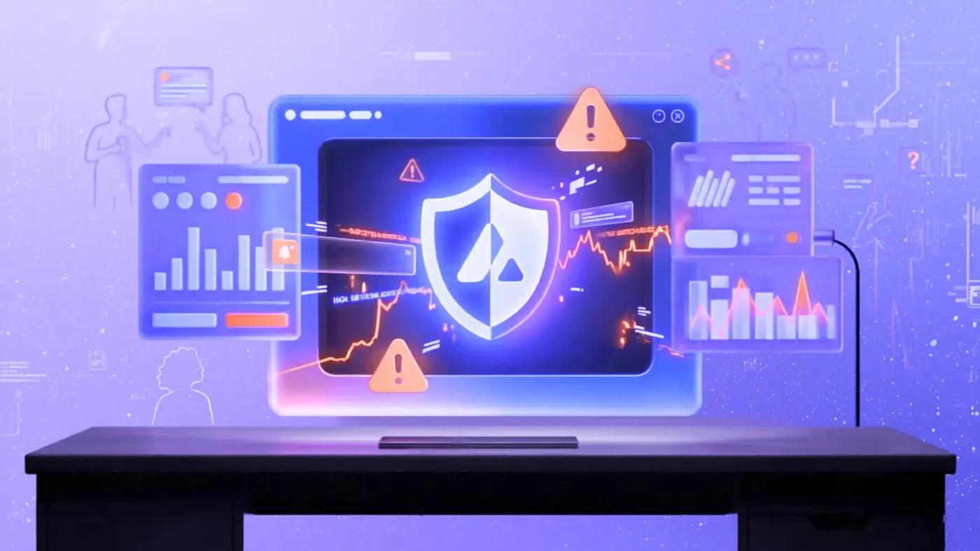 A monitor displaying a security shield icon over analytics charts with warning symbols, lit in neon purple, representing misinformation defense.