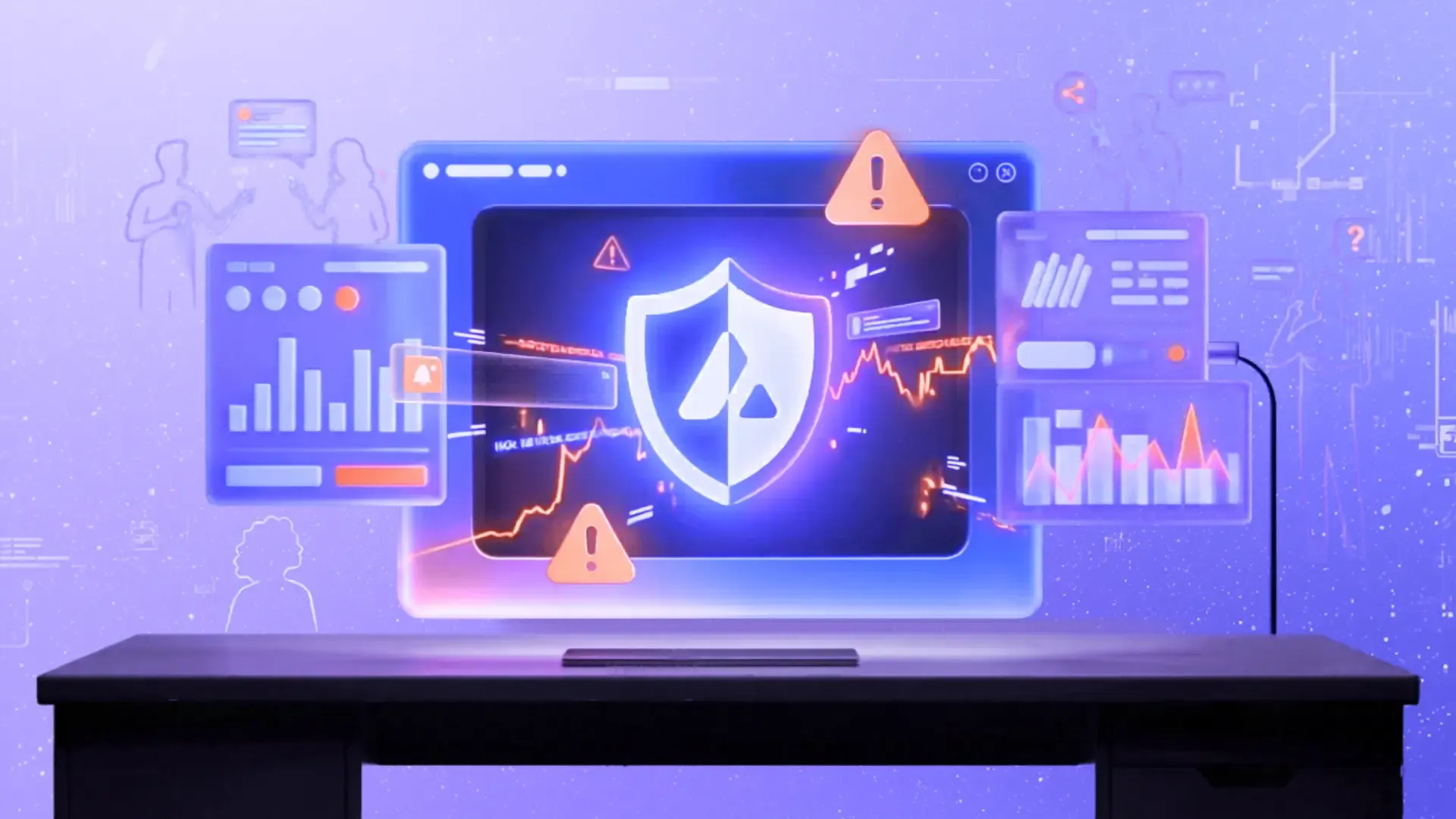 A monitor displaying a security shield icon over analytics charts with warning symbols, lit in neon purple, representing misinformation defense.