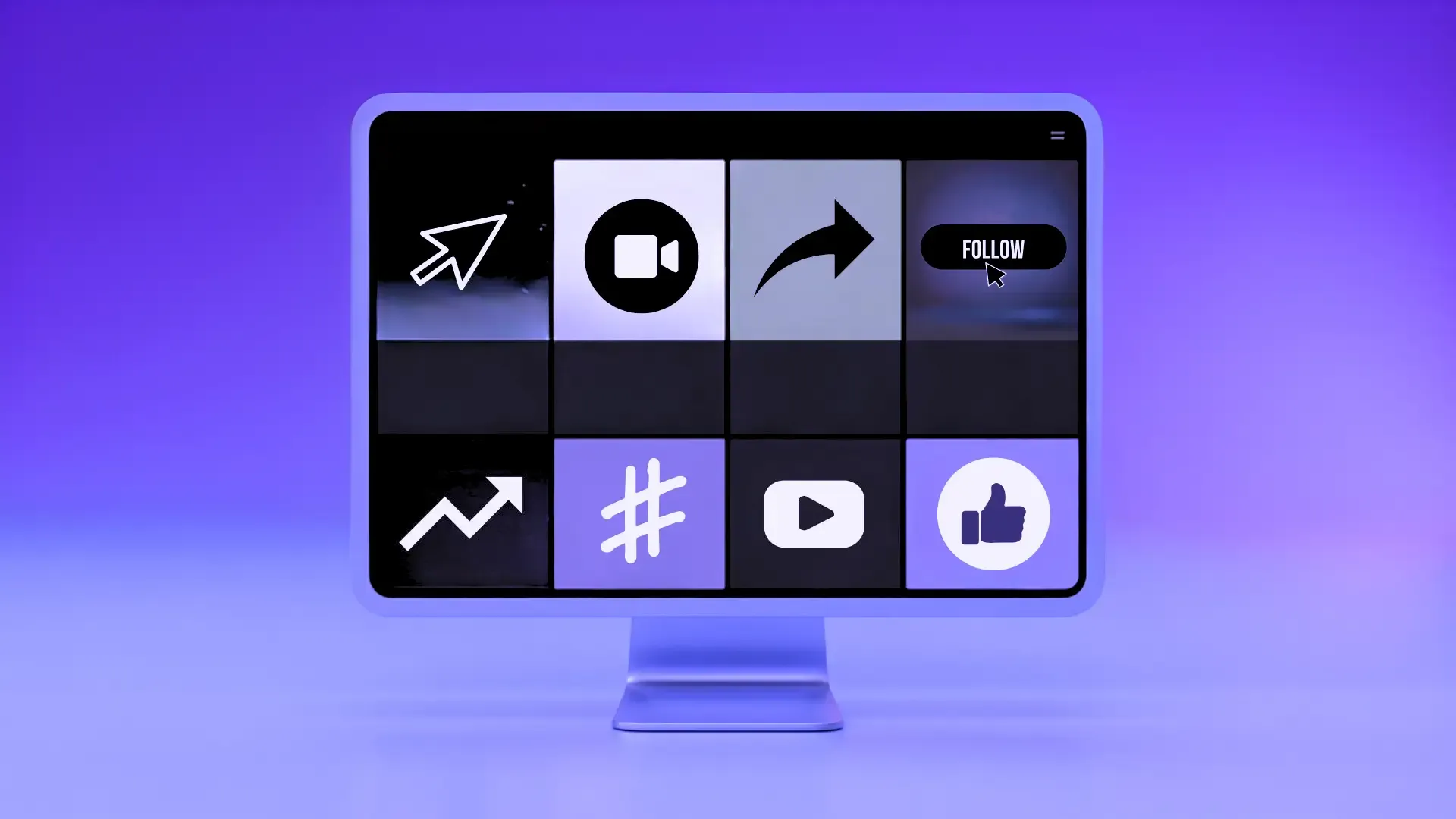 A 3D grid of nine tiles on a monitor showing assorted media and social icons including arrows, a hashtag, a play button, and a thumbs-up, lit in purple.