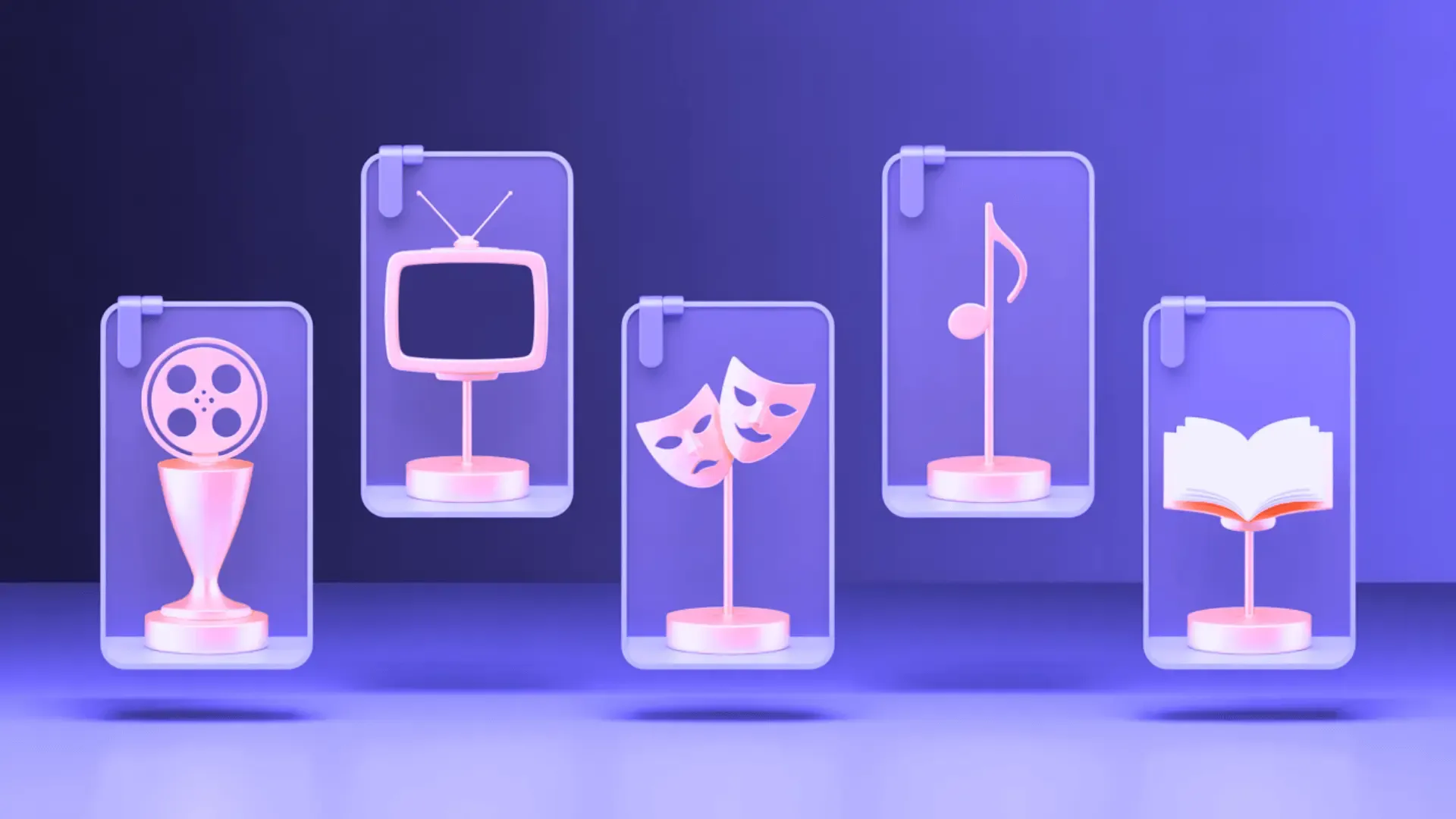 Several floating phone screens displaying trophy and award icons on a purple background, representing award-giving bodies.