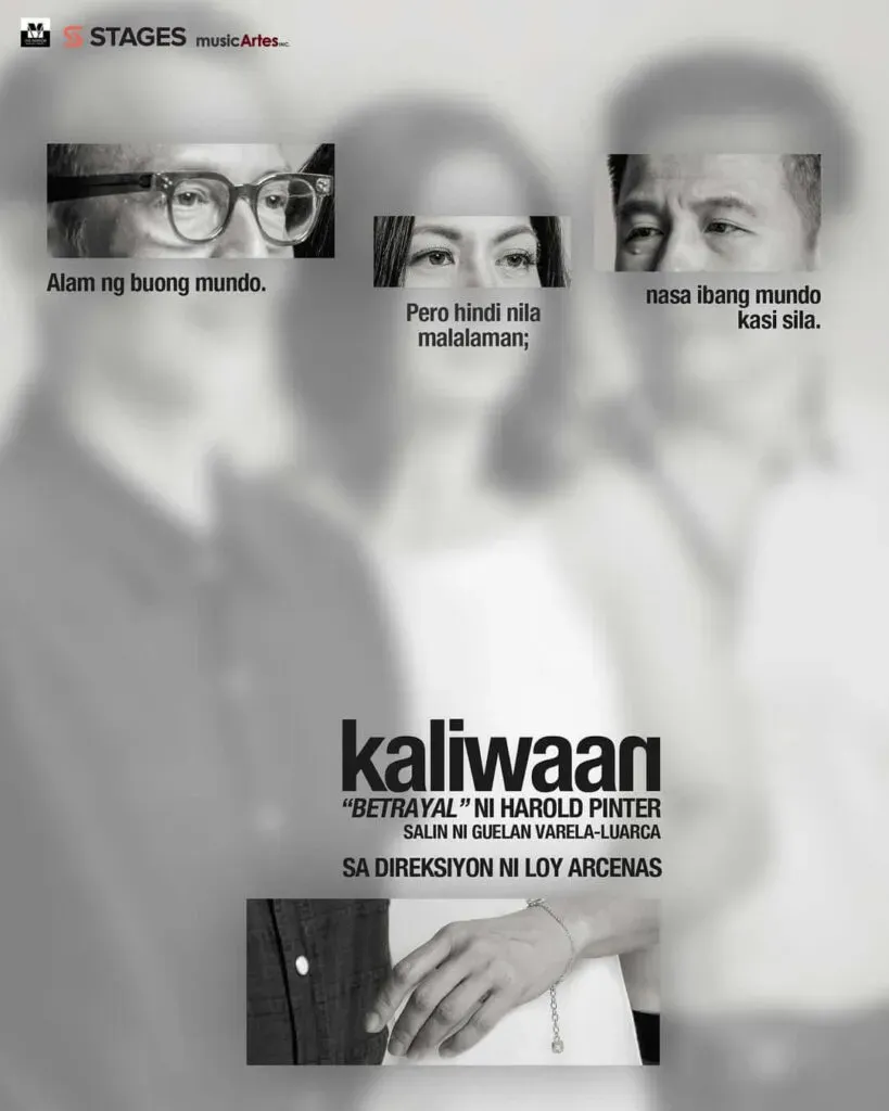 Theatrical poster for the musical “Kaliwaan” showing faded portraits of several performers in muted tones.