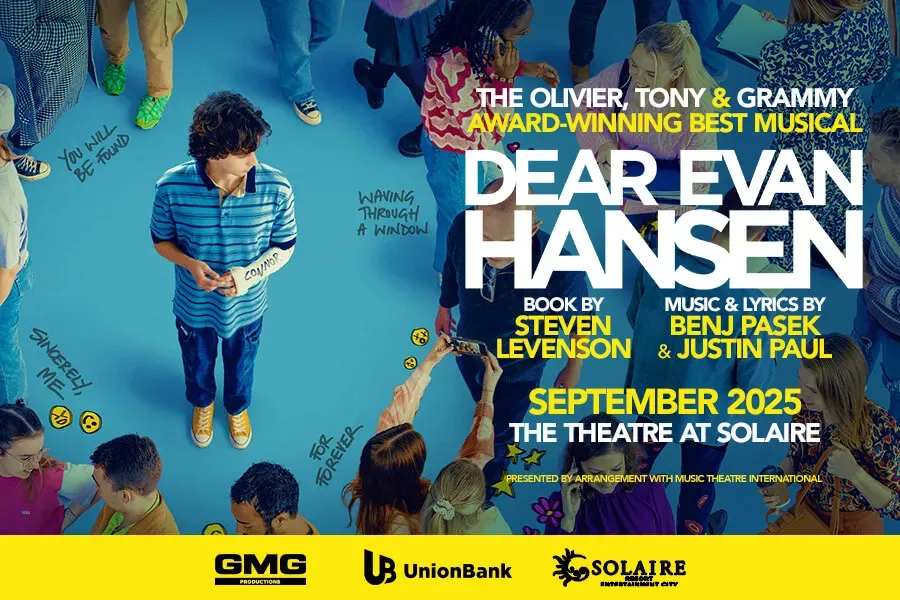 Theatrical poster for “DEAR EVAN HANSEN” showing a young person against a blue sky, billed as “SEPTEMBER 2025, THE THEATRE AT SOLAIRE.”