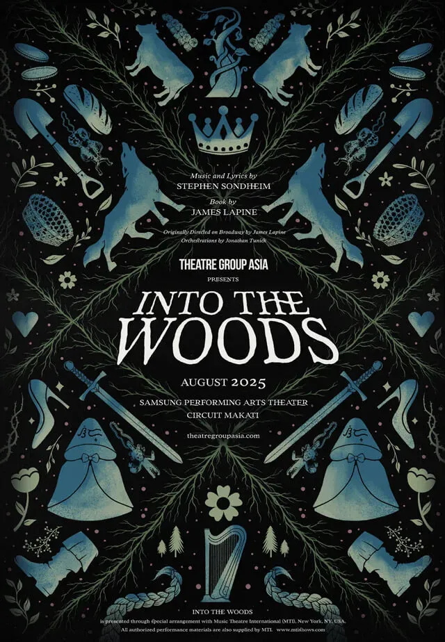 Dark, illustrated theatrical poster for “INTO THE WOODS” with a forest motif of intertwined trees.