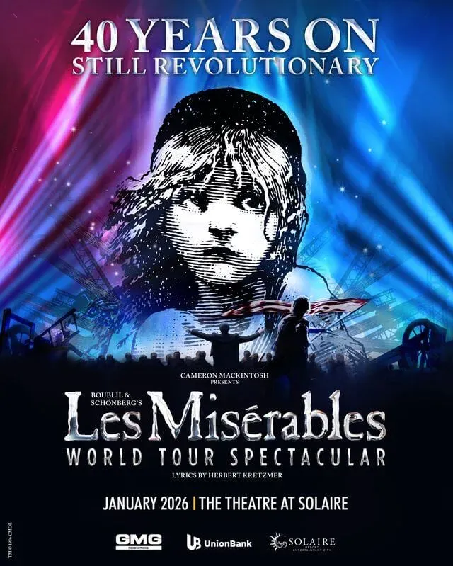 Theatrical poster for “LES MISÉRABLES World Tour Spectacular” showing the iconic illustrated face of a young girl, billed “JANUARY 2026, THE THEATRE AT SOLAIRE.”