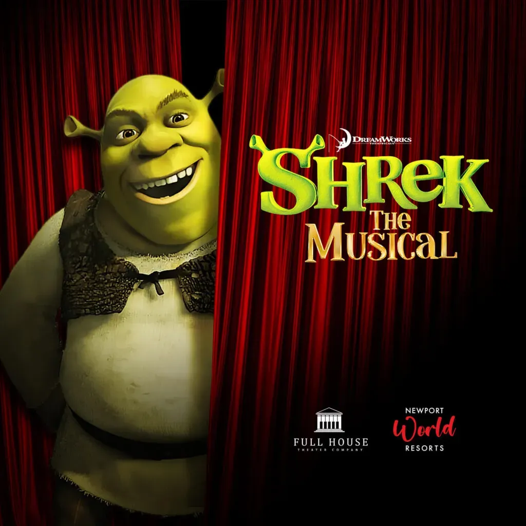 Theatrical poster for “SHREK The Musical” showing the green ogre character against a red curtain backdrop.