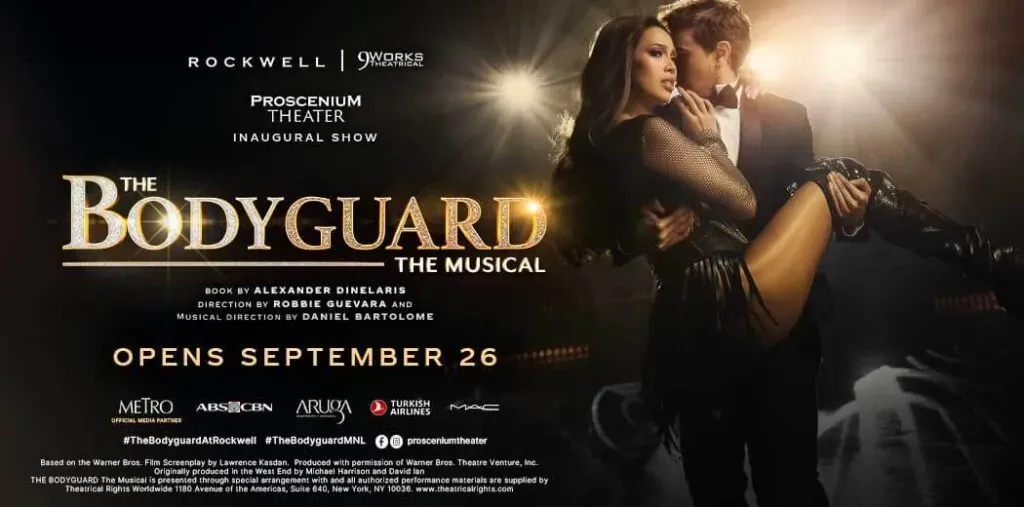 Theatrical poster for “The Bodyguard The Musical” showing a couple in an embrace, with “OPENS SEPTEMBER 26.”