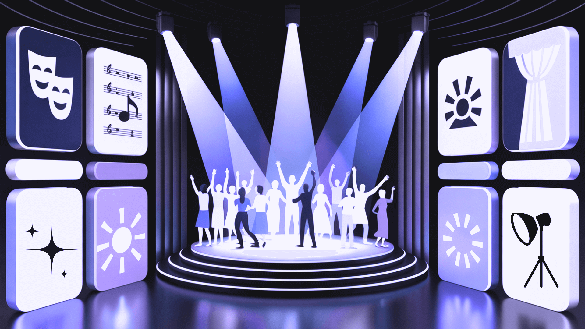 A purple-lit stage scene with silhouetted performers under spotlights, framed by side panels, representing Manila musicals.