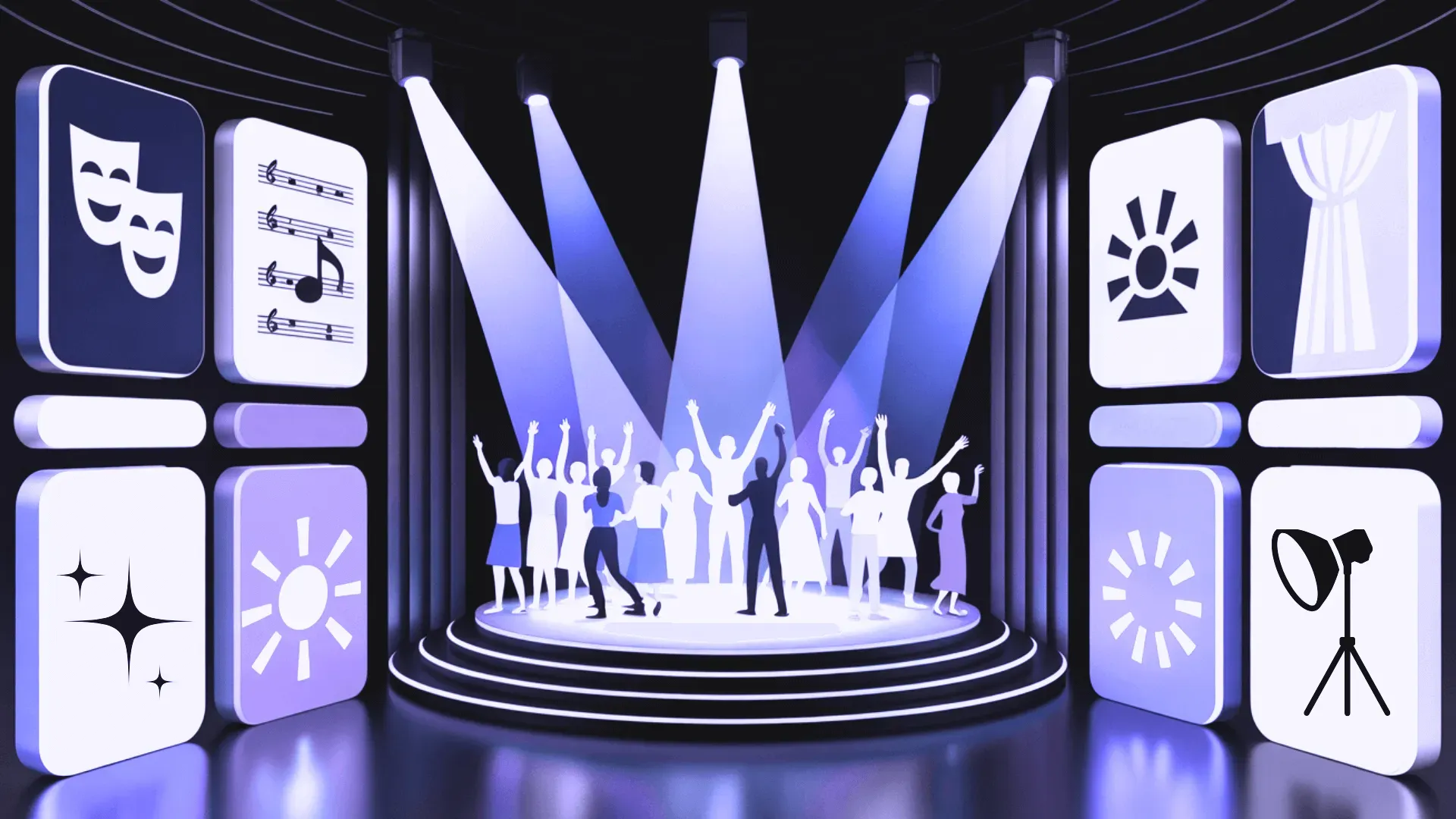 A purple-lit stage scene with silhouetted performers under spotlights, framed by side panels, representing Manila musicals.