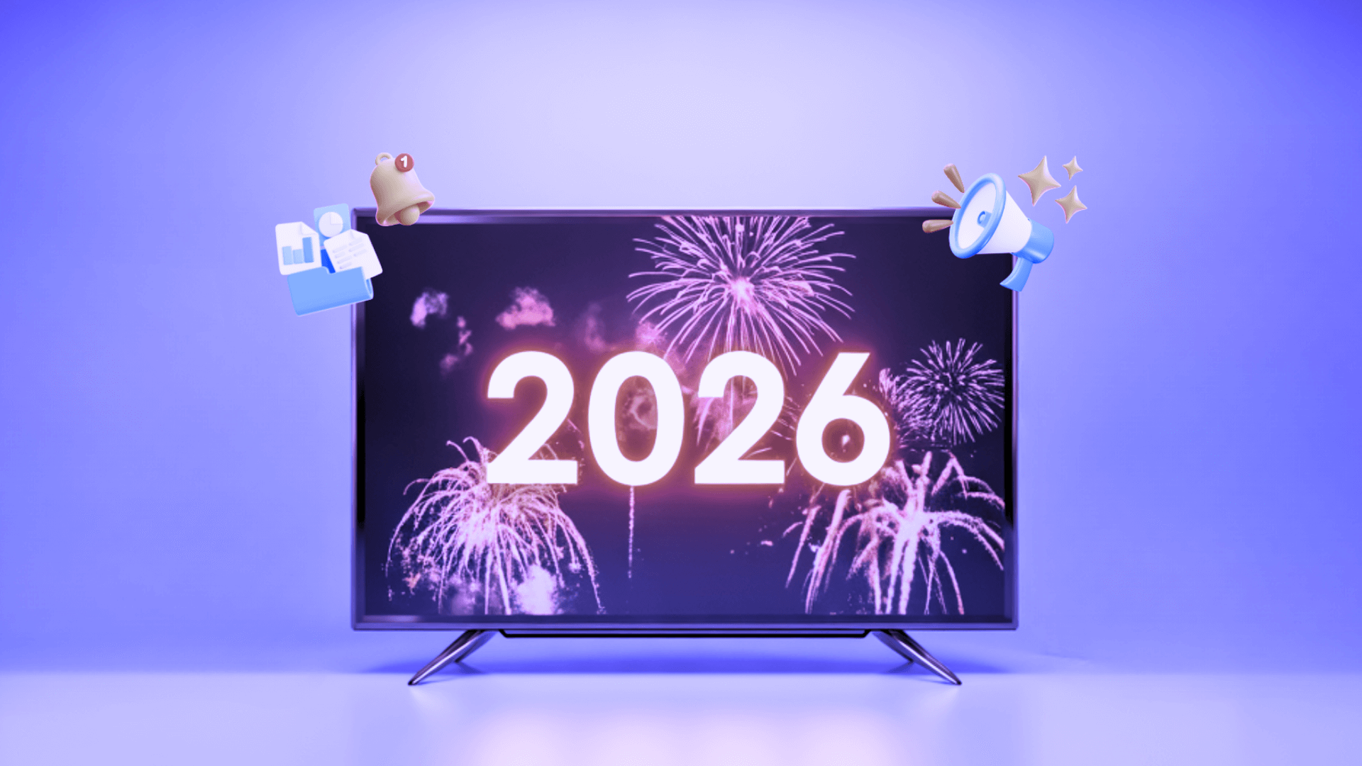 A retro television displaying “2026” with fireworks bursting behind it on a purple background, marking New Year’s Eve.