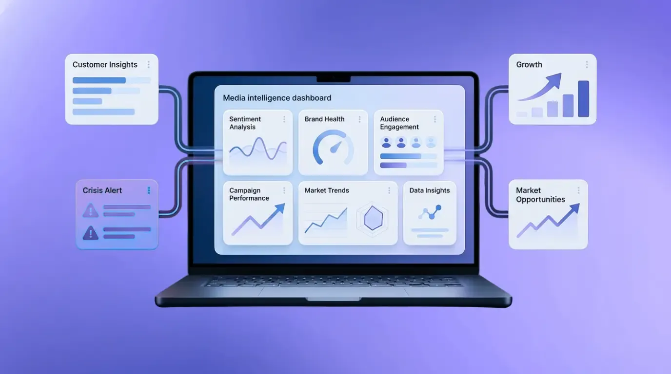 A laptop and floating panels showing business growth charts, upward arrows, and a bar graph, with a small figure seated nearby, lit in soft purple.