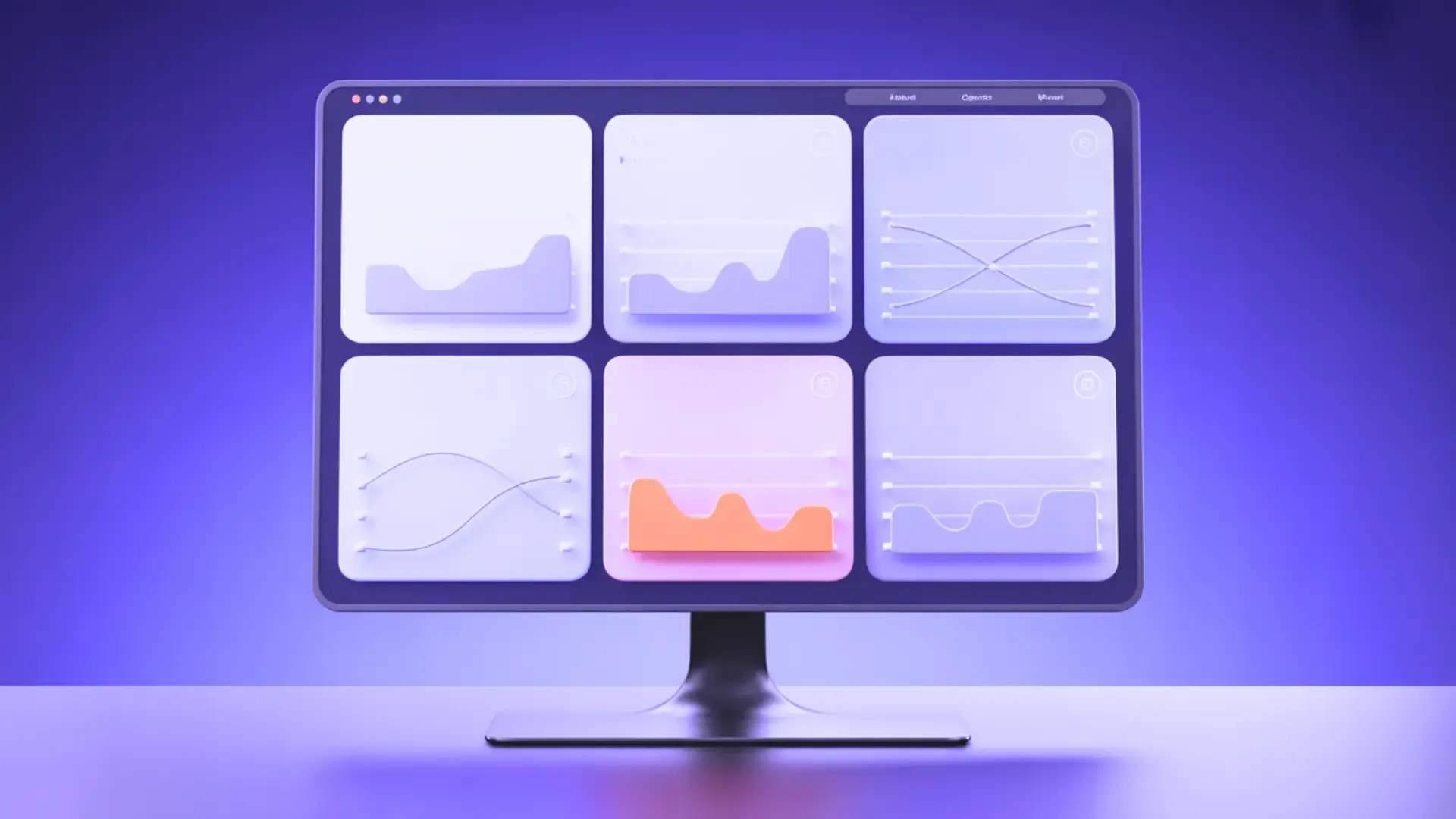 A monitor showing a six-panel dashboard of charts and graphs across multiple channels, lit in soft purple.