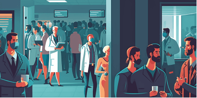 Illustration of medical professionals and figures in a pharmacy or clinic setting, themed around pharma media monitoring.