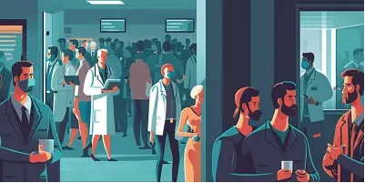 Illustration of medical professionals and figures in a pharmacy or clinic setting, themed around pharma media monitoring.