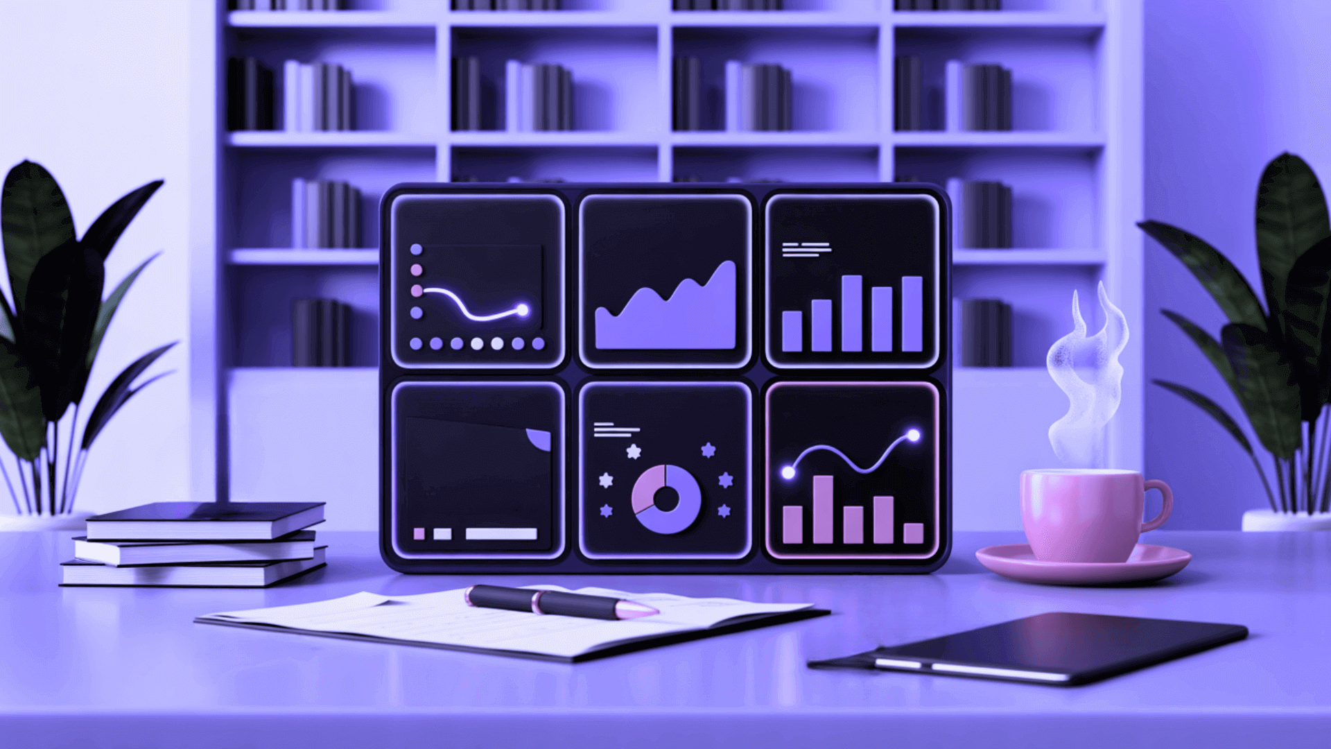 A monitor and tablet showing media-monitoring dashboards with charts and graphs beside a stylus and small plant, lit in purple.
