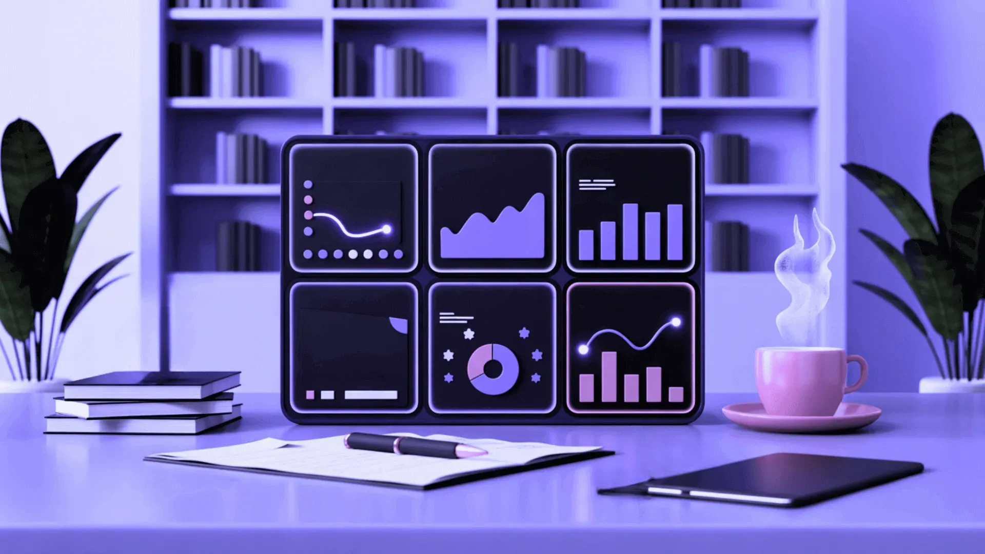 A monitor and tablet showing media-monitoring dashboards with charts and graphs beside a stylus and small plant, lit in purple.