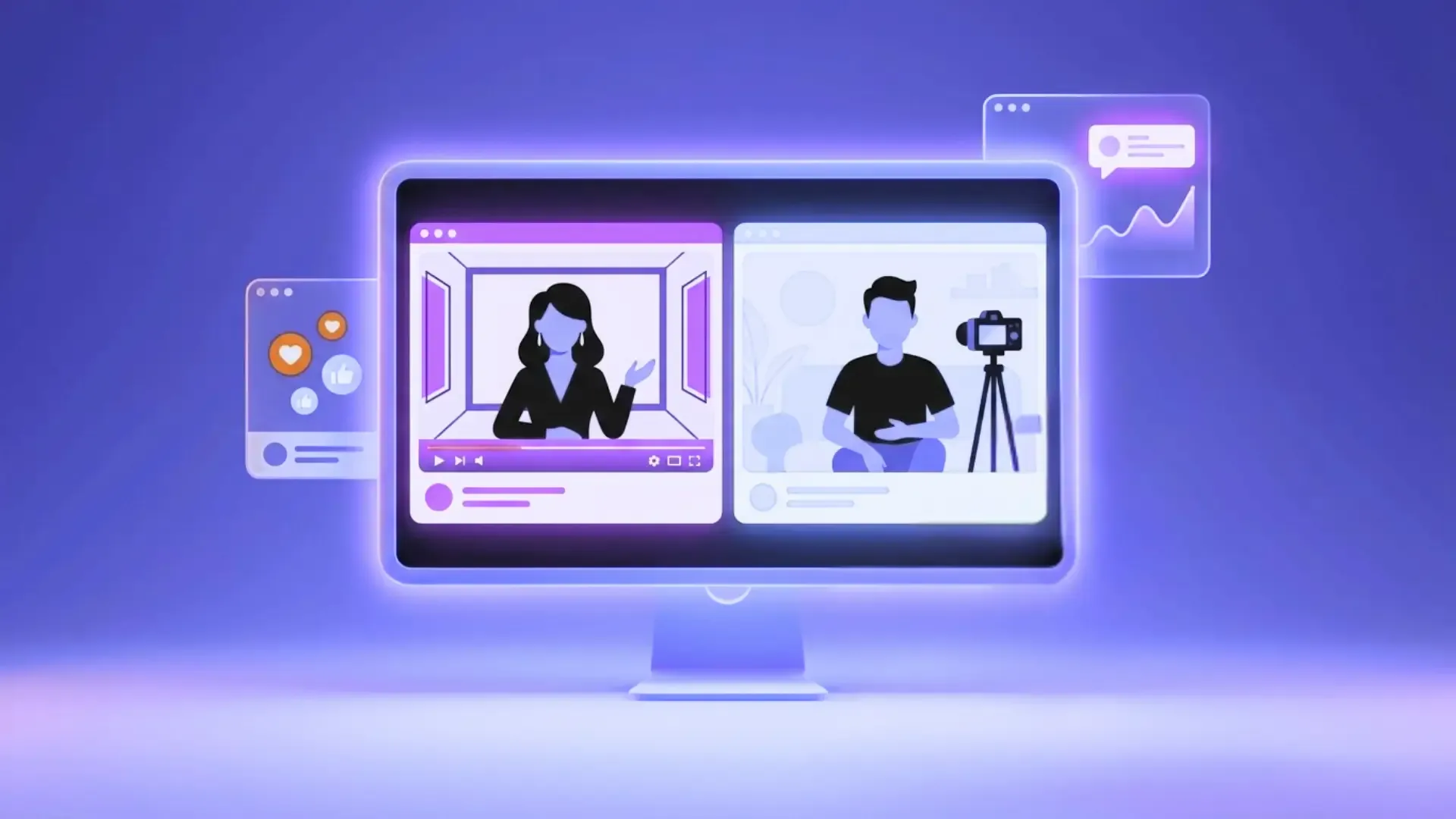 A monitor showing a split-screen video call between two people—one a content creator with a camera—beside small engagement charts, on a purple background.