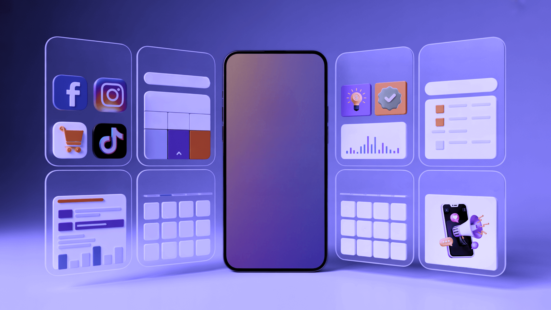 Several floating phone screens showing social and marketing app icons beside dashboard panels, lit in purple.