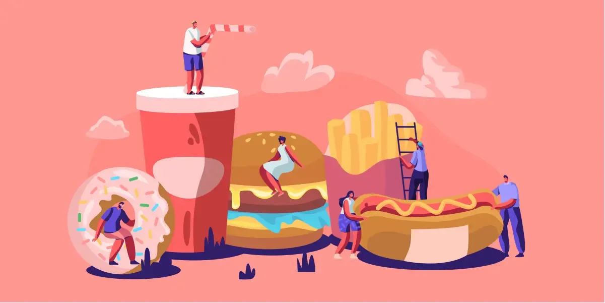 Illustration of a giant soda cup and burger with small figures, themed around fast-food brand monitoring.