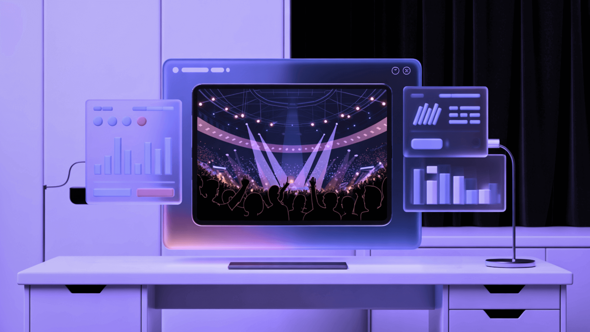 A desk with a monitor and screens showing a concert stage with stage lighting alongside analytics panels, lit in purple.