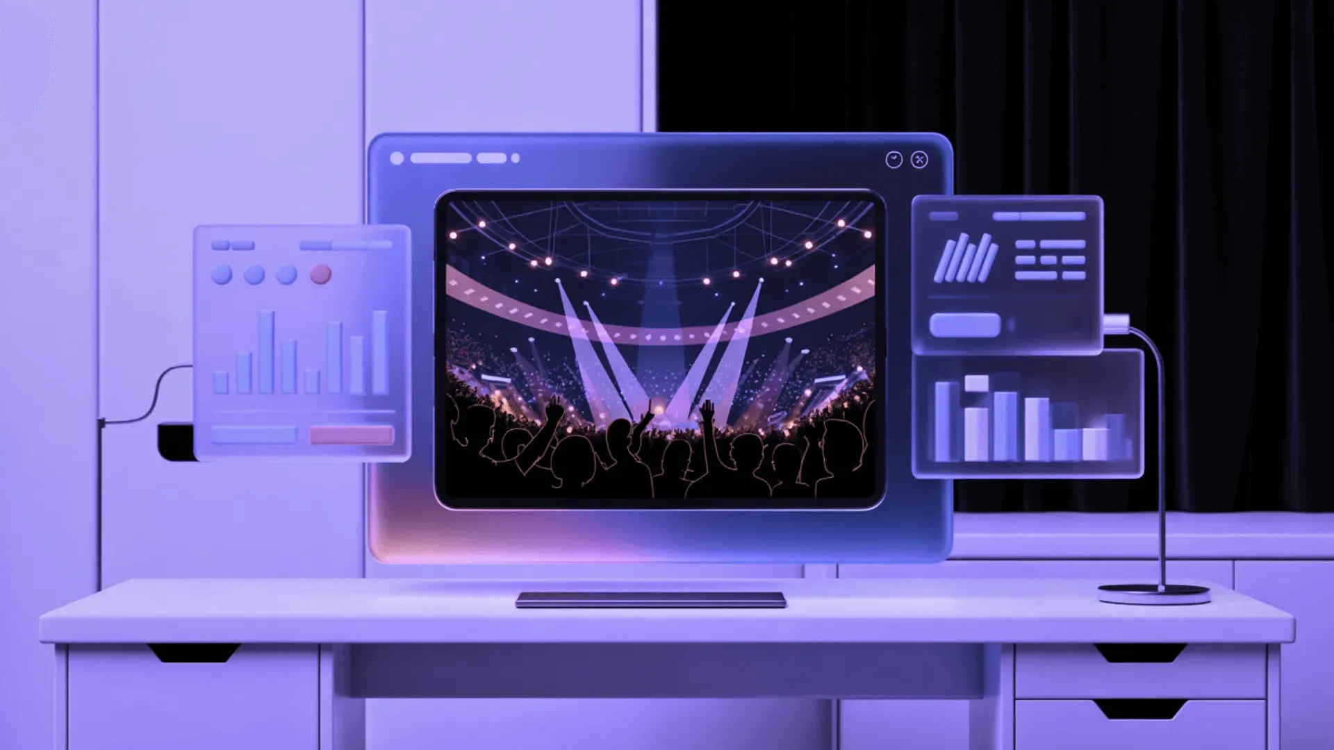 A desk with a monitor and screens showing a concert stage with stage lighting alongside analytics panels, lit in purple.