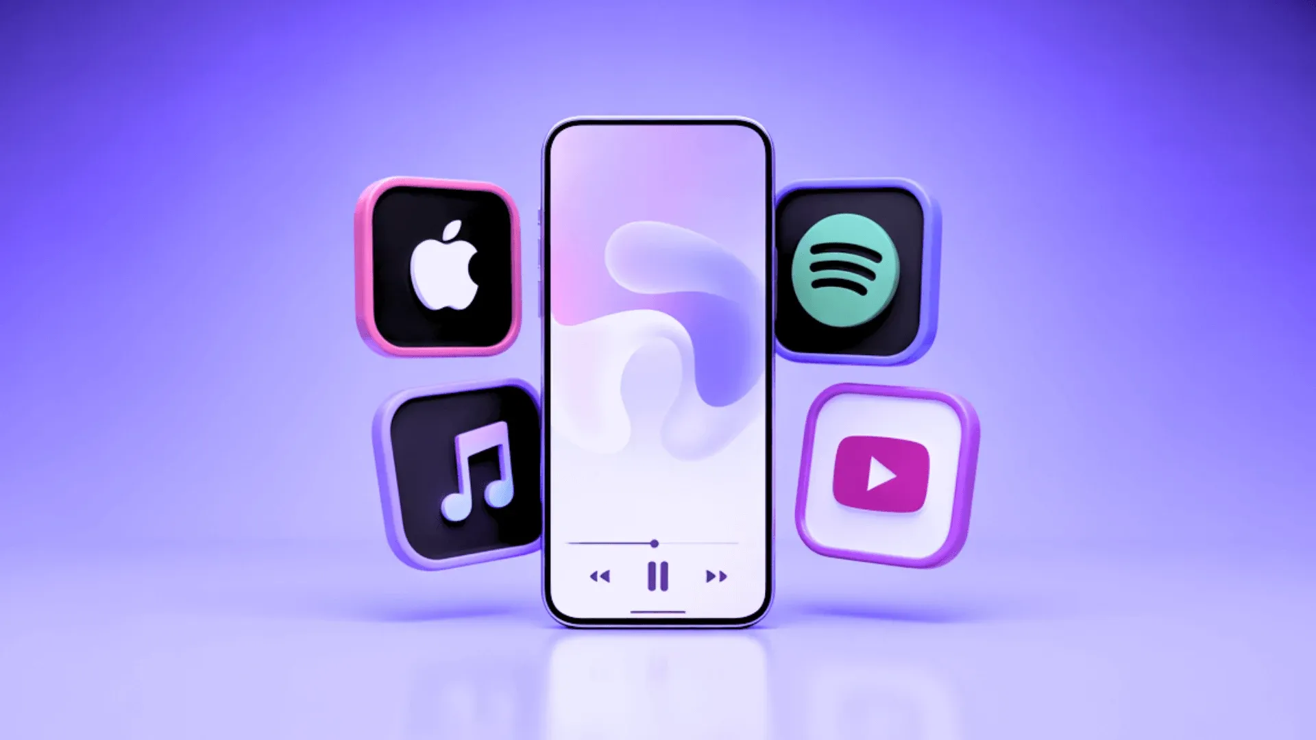 A smartphone surrounded by floating music and video streaming app icons including ones resembling Apple Music, Spotify, and YouTube, on a purple background.