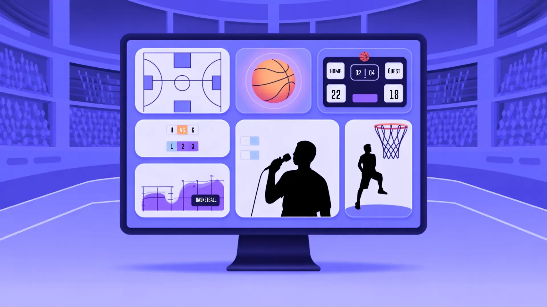 A 3D monitor in a stadium-style setting showing a silhouetted basketball player, a basketball, and sports graphics, representing courtside reporting.