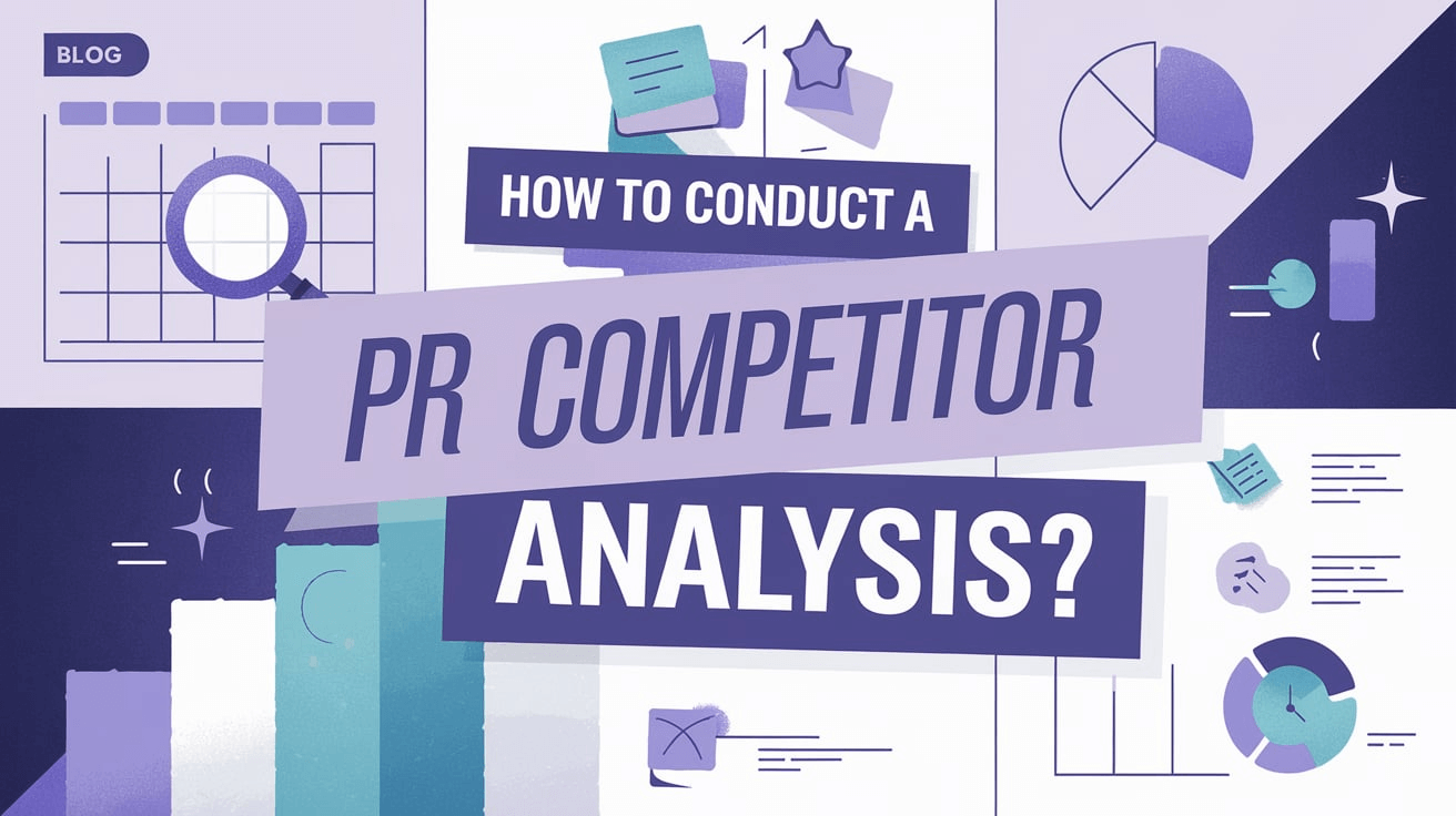 Illustrated graphic with a panel reading “HOW TO CONDUCT A PR COMPETITOR ANALYSIS?” alongside a magnifying glass, pie chart, and document icons.