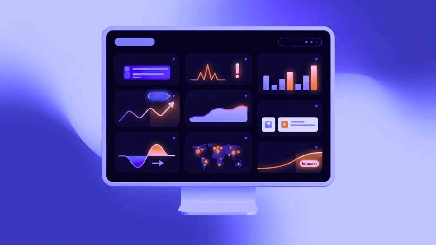 A dark dashboard interface floating above a desk showing line and bar charts and a circular gauge, lit in purple, illustrating predictive analytics.