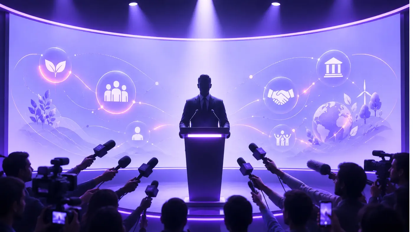 Illustrated banner for a PR article showing a silhouetted speaker at a podium before a crowd of raised microphones and floating icons representing advocacy and communication, lit in purple.