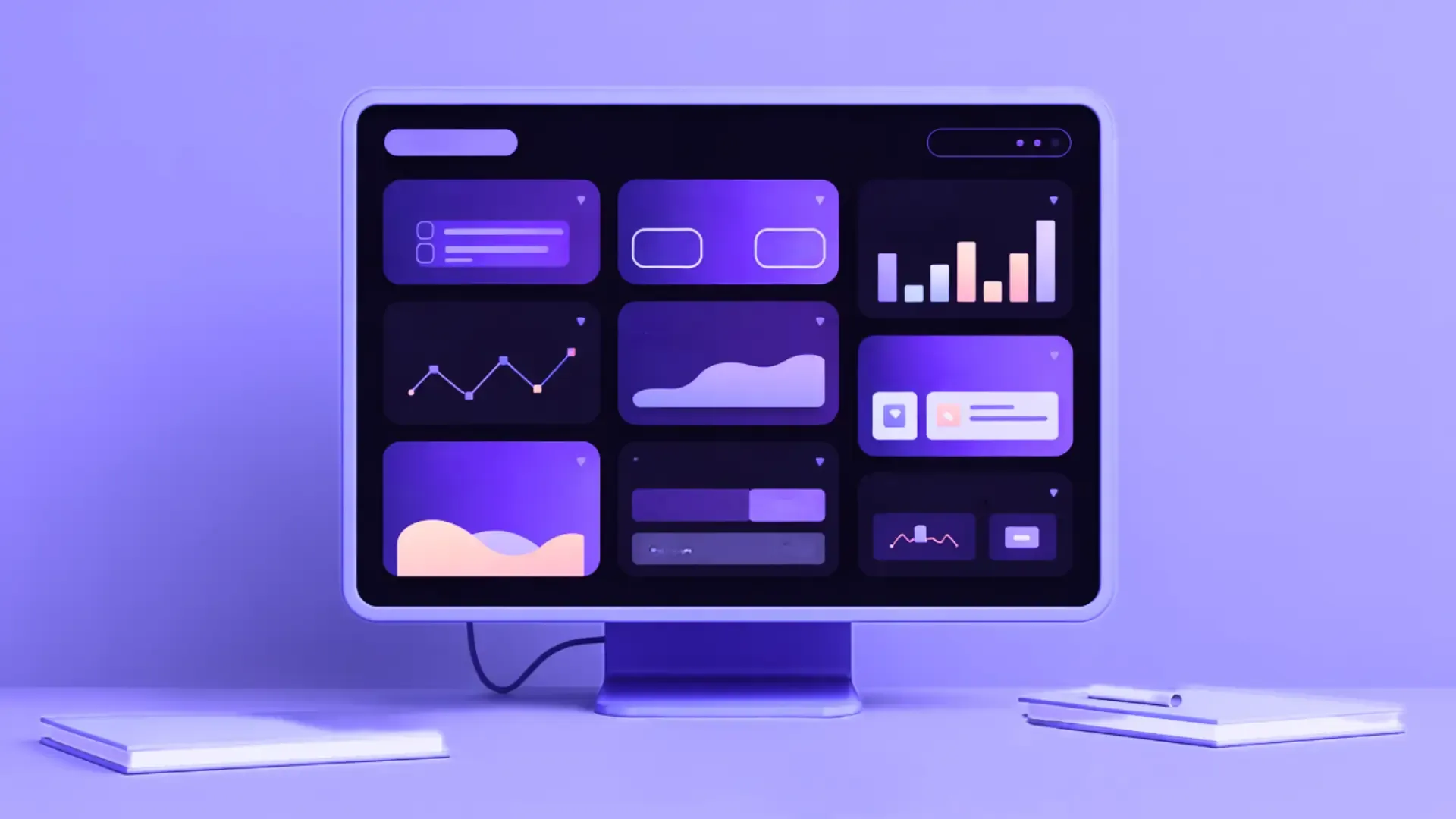 A dark analytics dashboard on a monitor showing line graphs and bar charts, lit in purple, representing the ROI of PR analytics.