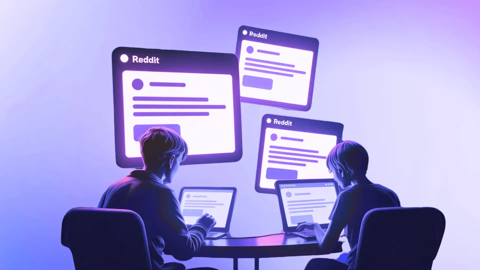 Two people seated at desks facing monitors that display chat threads, lit in purple, evoking late-night Reddit browsing.