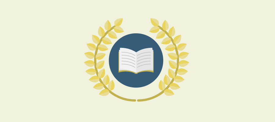 Illustration of an open book inside a laurel-wreath emblem on a cream background, themed for a school media list.