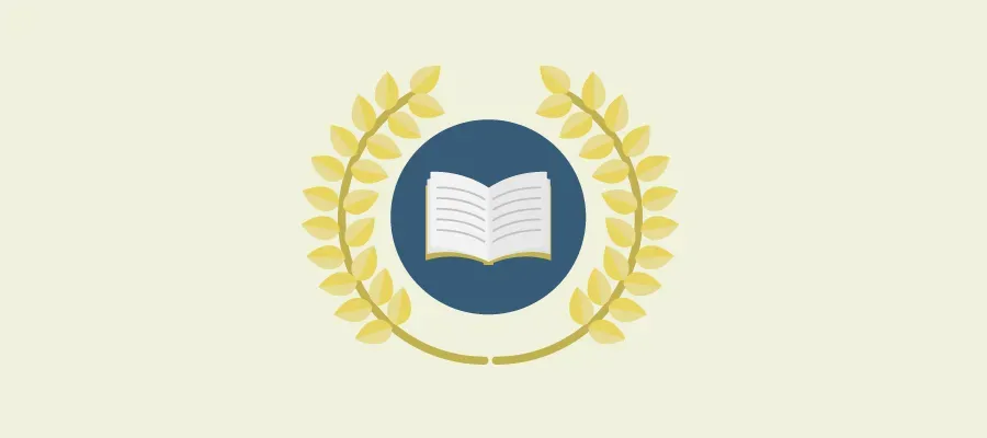 Illustration of an open book inside a laurel-wreath emblem on a cream background, themed for a school media list.