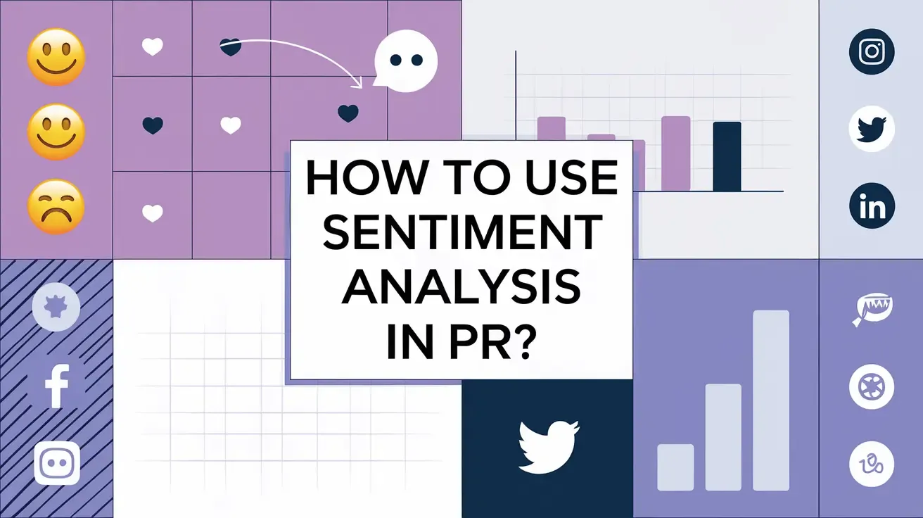 Illustrated graphic headed “HOW TO USE SENTIMENT ANALYSIS IN PR?” with emoji-style reaction faces, social icons, a bar chart, and a Twitter bird.