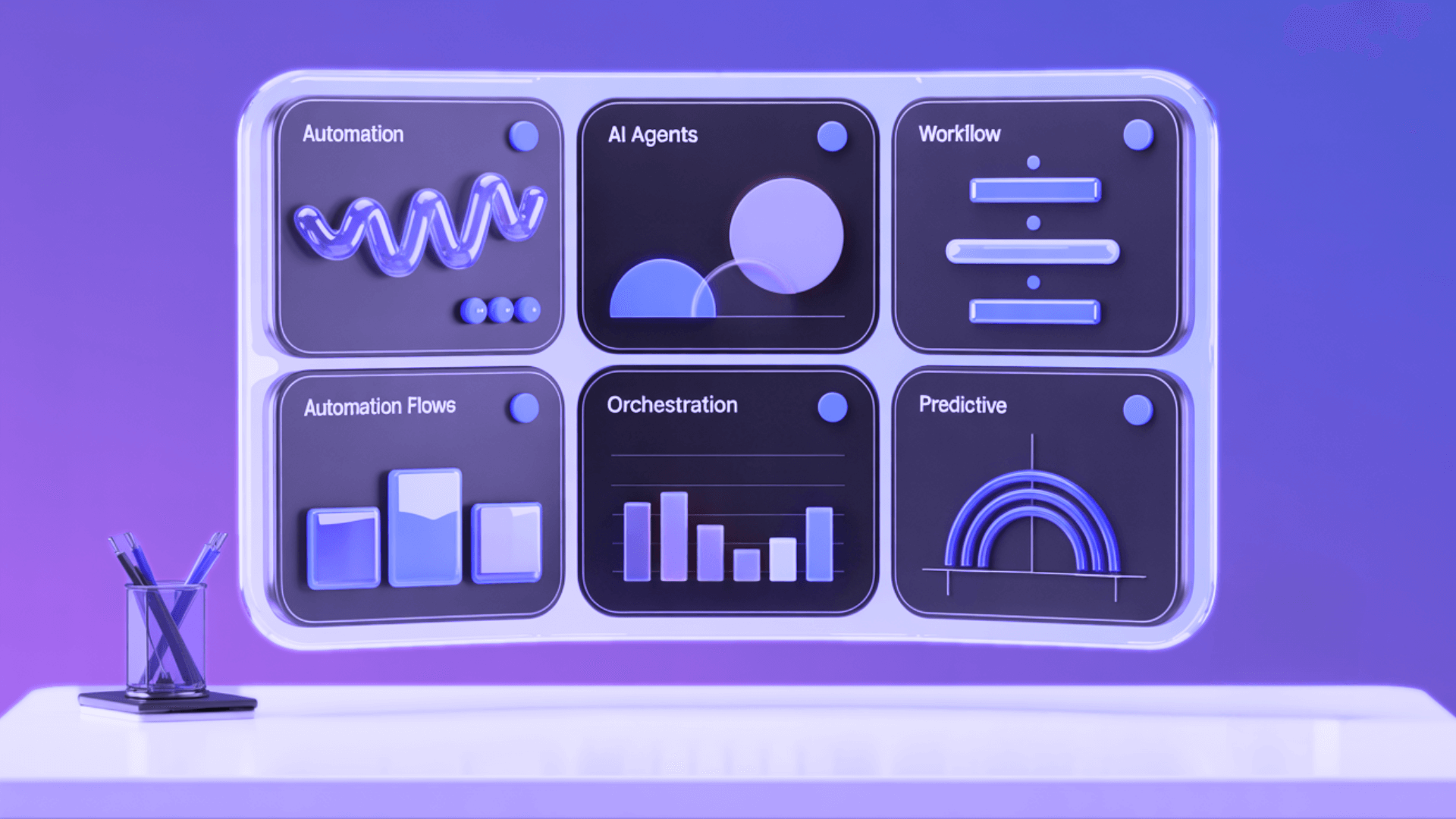 A monitor showing an automation dashboard with workflow icons, bar charts, and graphs, lit in purple.