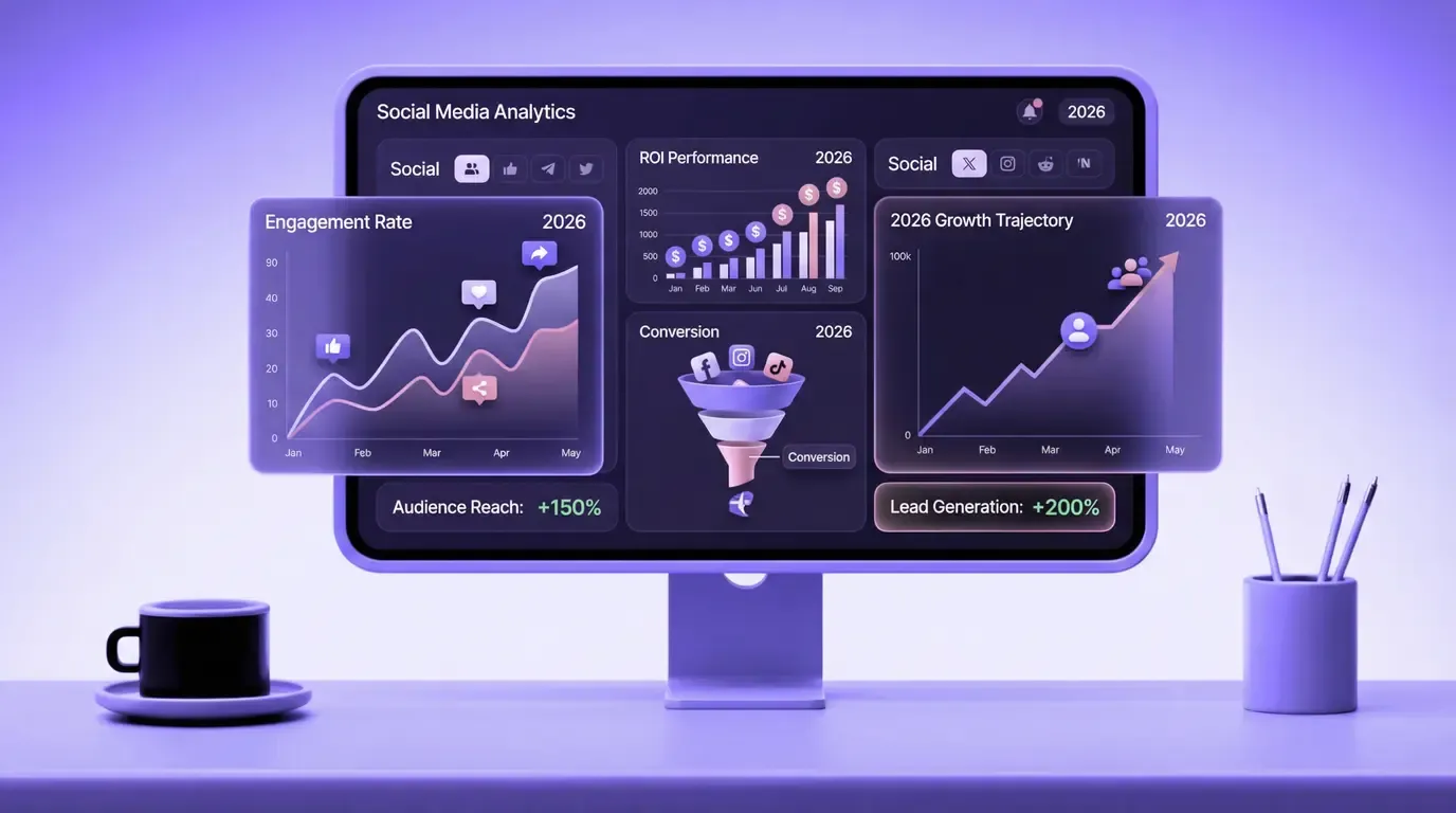 A dark analytics dashboard showing a funnel chart, line graphs, and metric cards beside a coffee cup and pen holder, lit in purple.