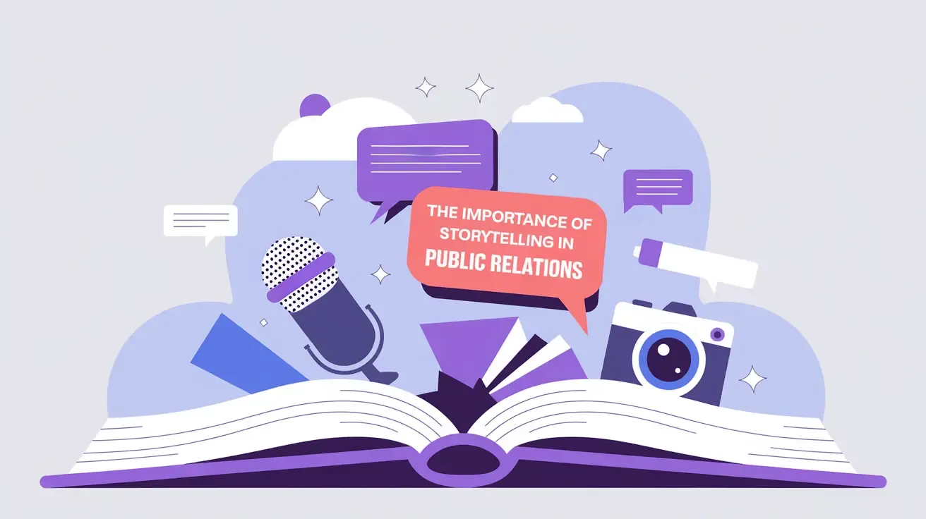 Illustrated graphic of an open book with speech bubbles and PR icons emerging from it, themed around storytelling in public relations.