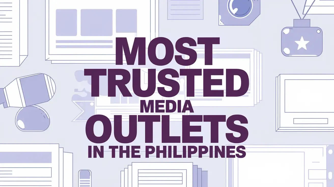 A 3D scene with bold text “MOST TRUSTED MEDIA OUTLETS IN THE PHILIPPINES” beside retro televisions and media icons on a purple background.