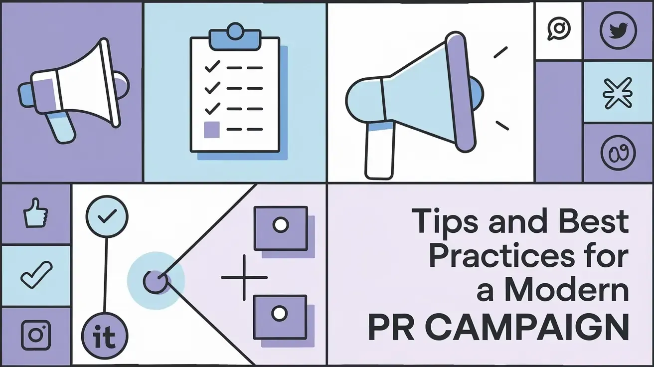A grid graphic of PR icons—megaphone, checklist, charts—with a panel reading “Tips and Best Practices for a Modern PR CAMPAIGN.”