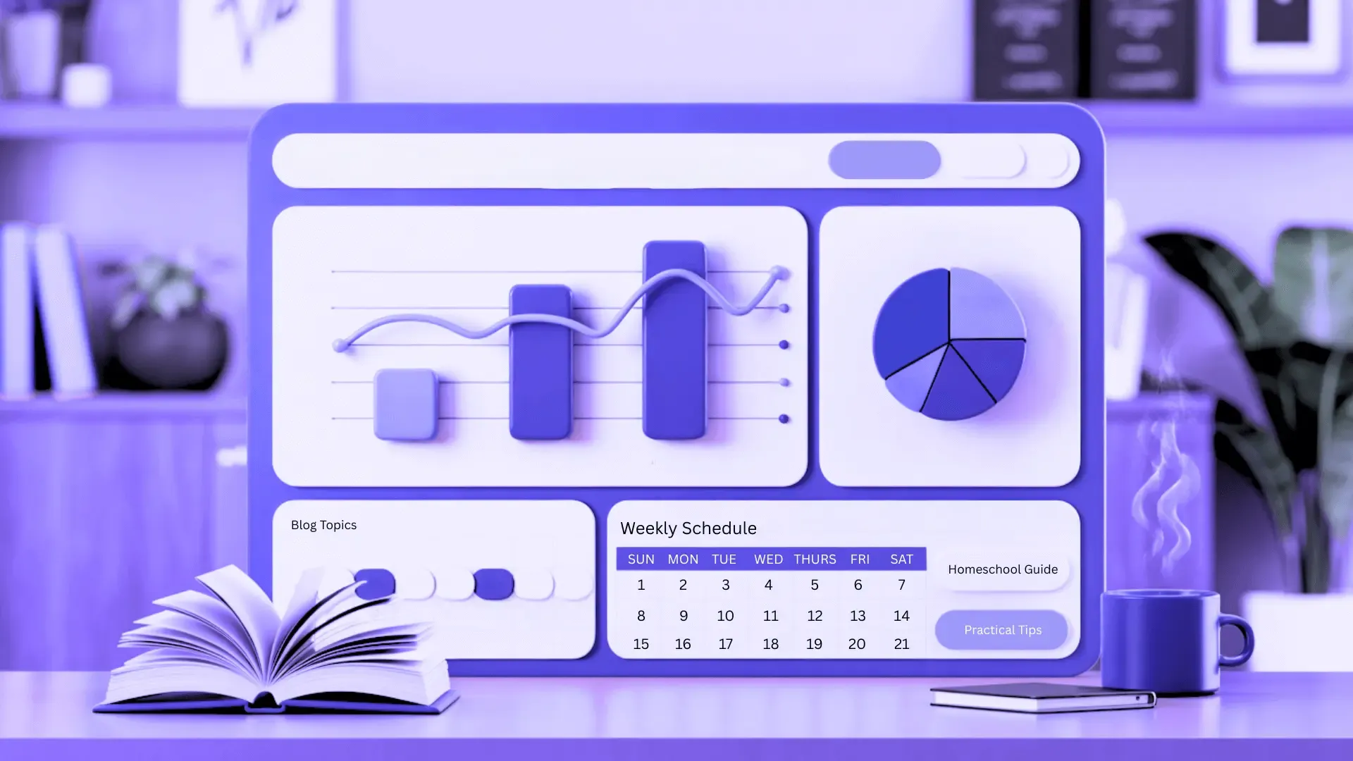 A desk scene with a monitor showing a dashboard of charts beside an open book, lit in soft purple, themed for parenting blogs.