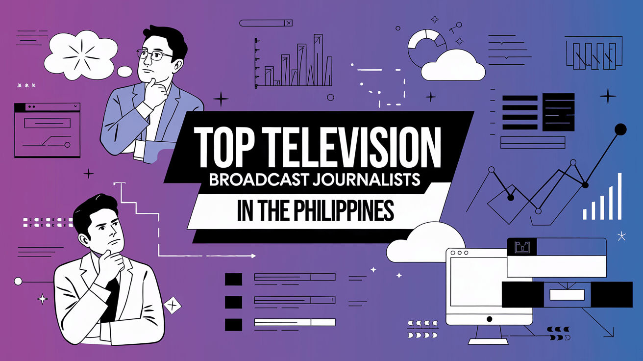 Illustrated graphic reading “TOP TELEVISION BROADCAST JOURNALISTS IN THE PHILIPPINES” with figures, a city skyline, and chart icons on a purple background.