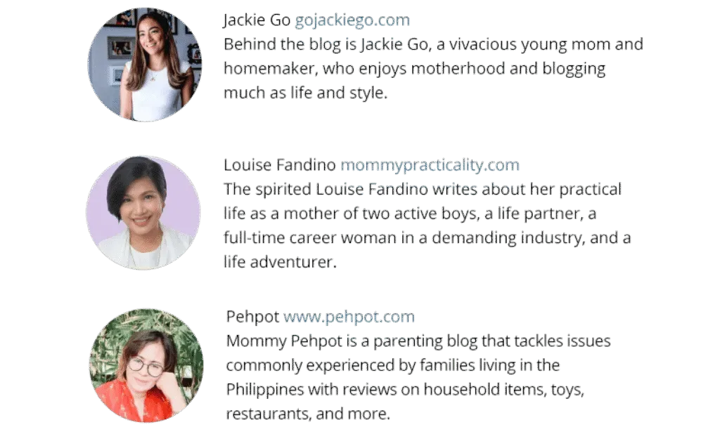 Graphic of top mommy bloggers showing three profile photos with short descriptions of each blogger and their parenting blogs.
