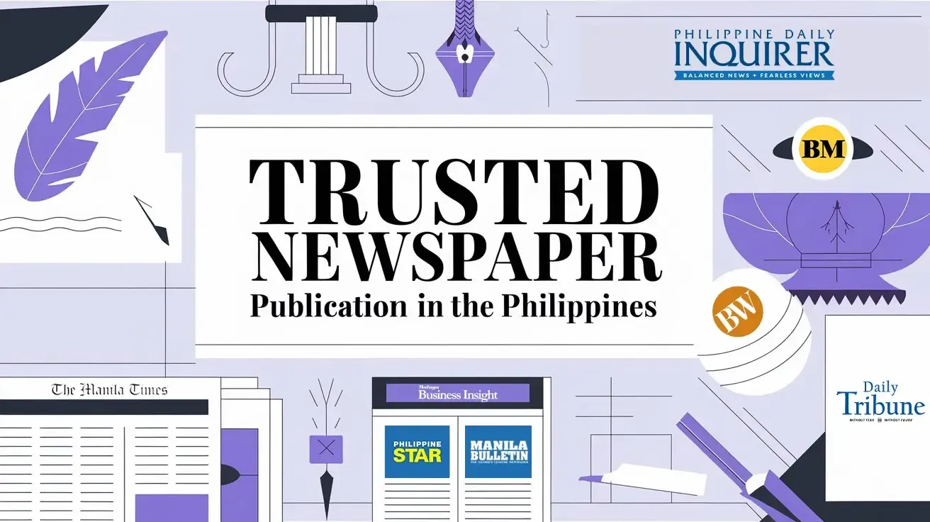 A 3D scene of stacked newspaper panels with a card reading “TRUSTED NEWSPAPER Publication in the Philippines.”