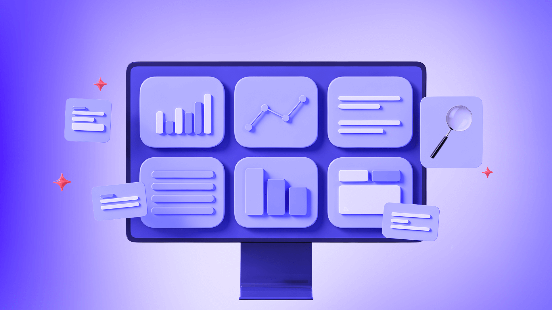 A monitor showing a grid dashboard of bar charts and graphs with a magnifying glass, lit in purple.